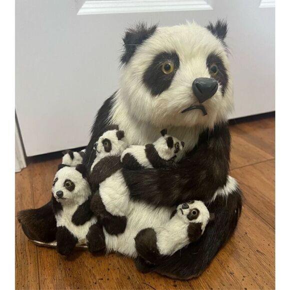 RARE 1970s Vintage real fur Mother Panda With 5 Cubs - Picture 1 of 10